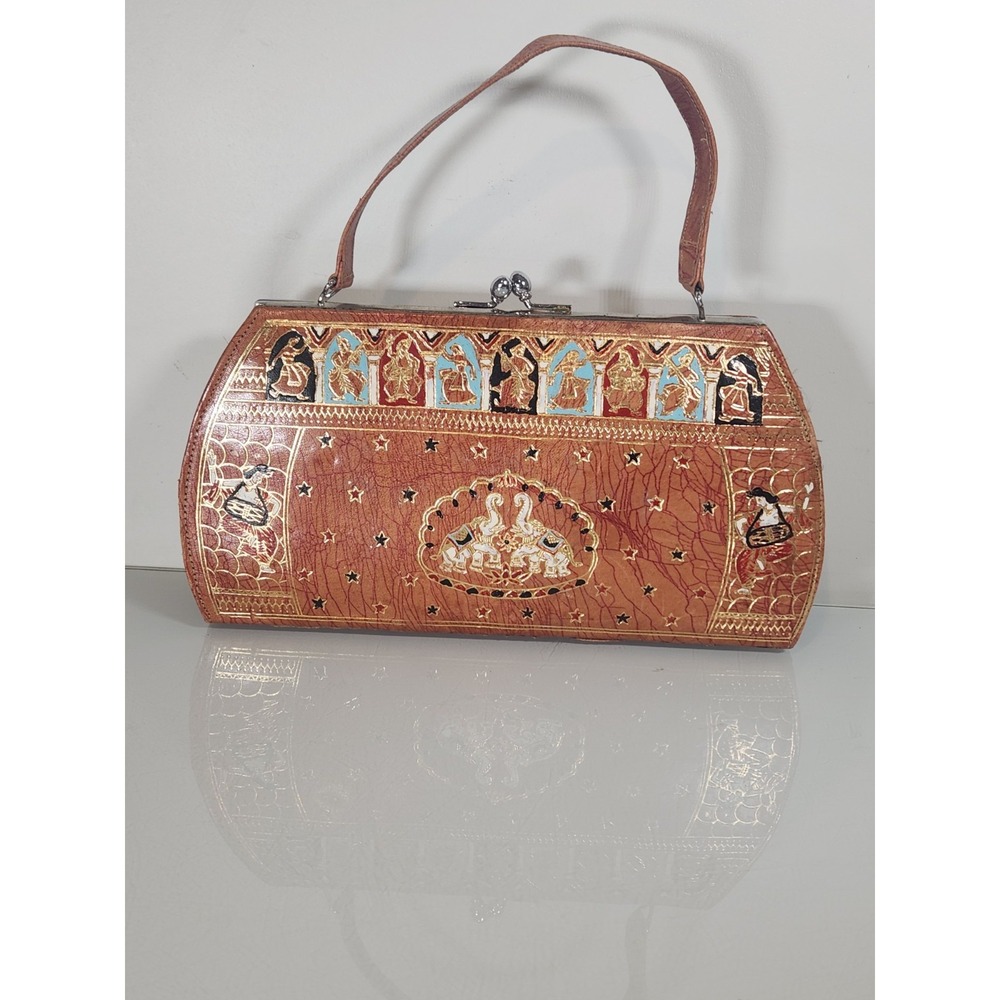 Vintage Egyptian Revival Purse Gold Gilt Tooled Brown Leather Handbag